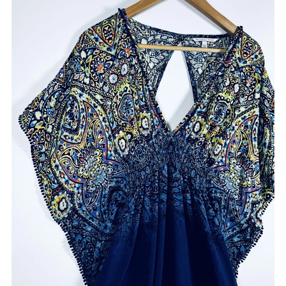 Victoria‎ Secret Paisley Boho Tunic Top Womens Small Blue Ruched  Blouse